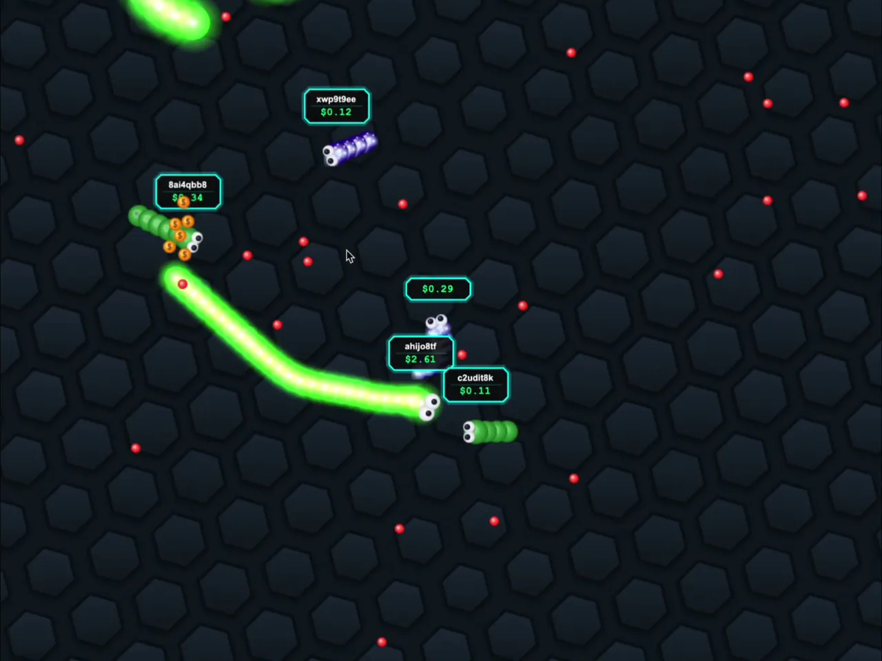 Viper Royale gameplay showing green and purple snakes, pellets and carried-value labels